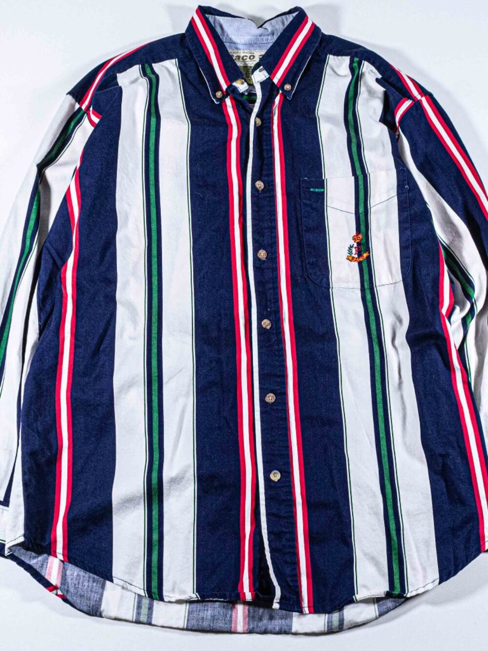 Vintage 90s Paco Crest Striped Multicolor Button Down Shirt Mens Medium Hip Hop